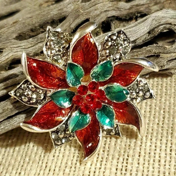 Y2K 90s Christmas Crystal Poinsettia Red Green Silver Enamel Sweater Pin Brooch - Picture 1 of 6